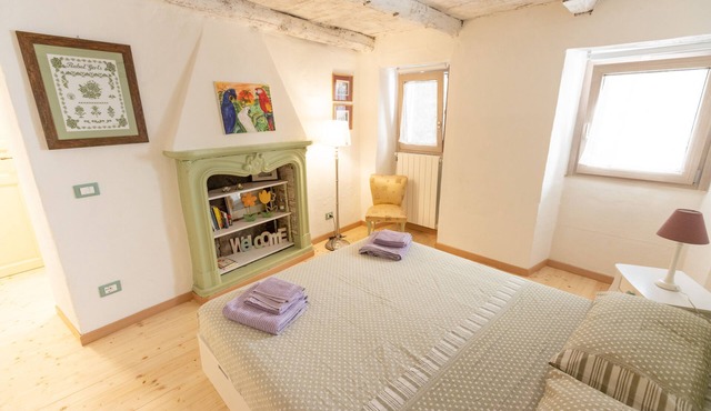 Romantic and cuddly double room with fireplace-library and giant shower.